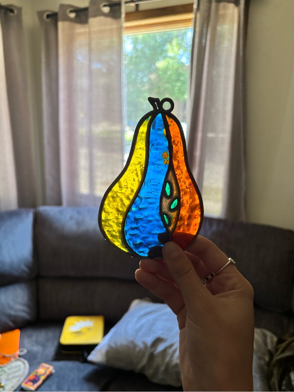 Colorful Pear Stained Glass Suncatcher - Blue, Yellow, Orange